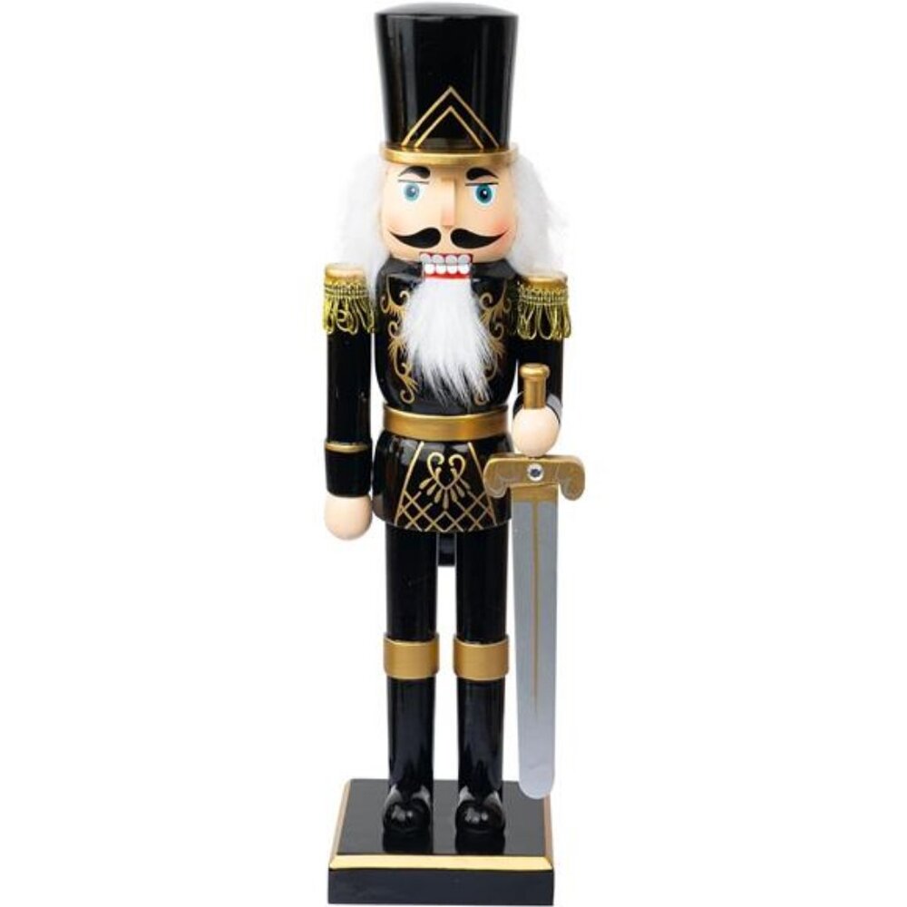 14" Christmas Decor Nutcracker Figures, Wooden Black Soldier in Black Uniform